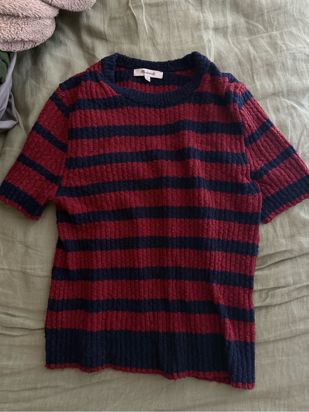 Madewell Boucle Red & Navy Striped Short Sleeve Knit Top